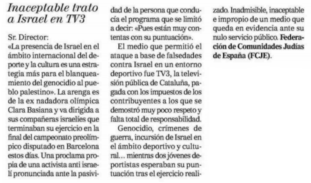 Carta de la FCJE en el diario El Mundo por las soflamas antiisraelíes en TV3